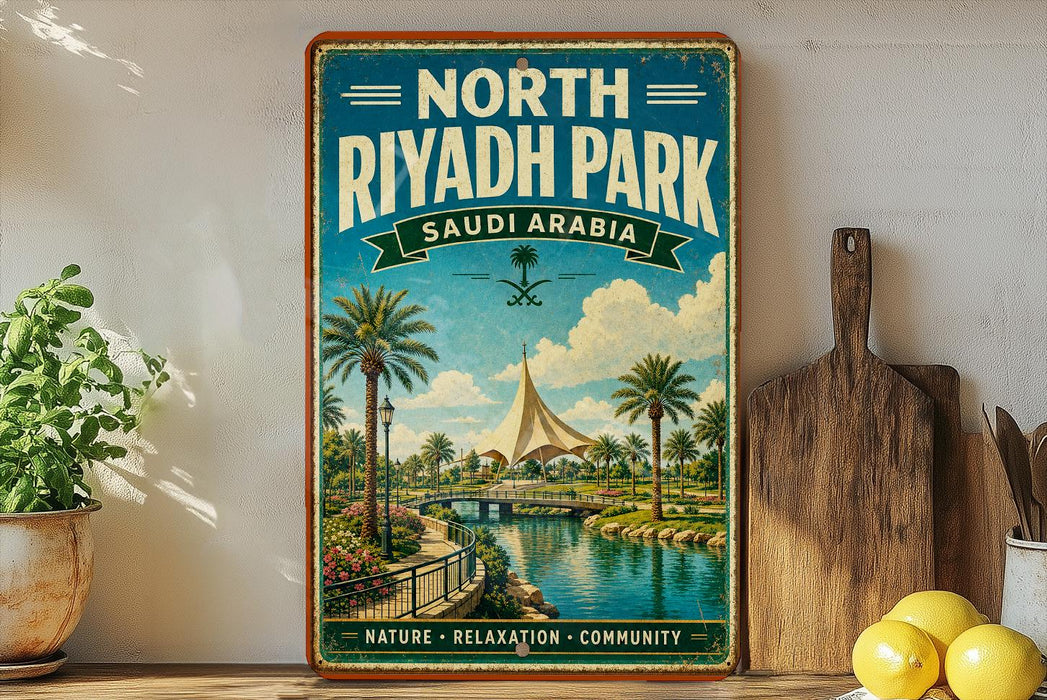 A vintage-style metal sign for North Riyadh Park in Saudi Arabia, featuring a scenic illustration of a park with palm trees, a river, and a tent-like structure.