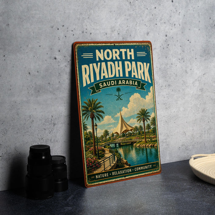 A vintage-style metal sign for North Riyadh Park in Saudi Arabia, featuring a scenic landscape with palm trees, a river, and a tent-like structure.