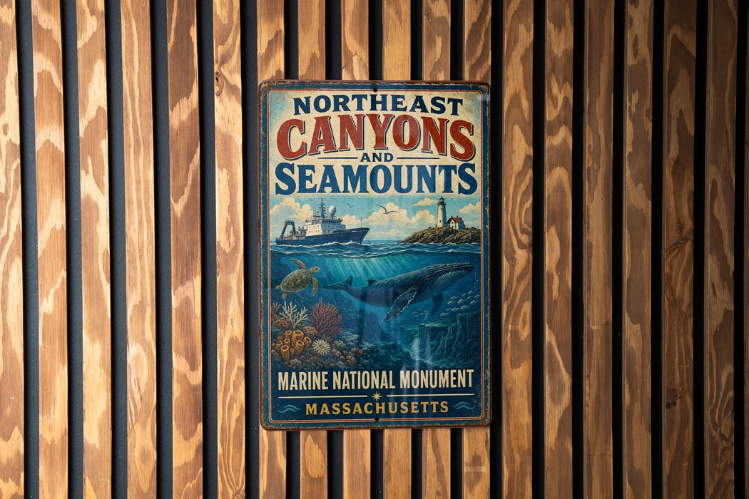 A vintage-style metal sign with the text "NORTHEAST CANYONS AND SEAMOUNTS" and "MARINE NATIONAL MONUMENT" is displayed on a wooden wall.