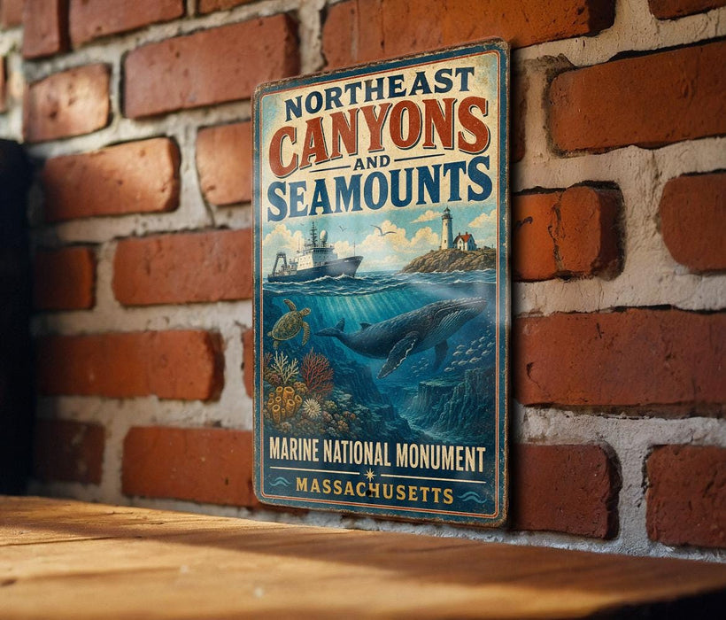 A vintage-style metal sign with the text "NORTHEAST CANYONS AND SEAMOUNTS" and "MARINE NATIONAL MONUMENT" is displayed on a brick wall.