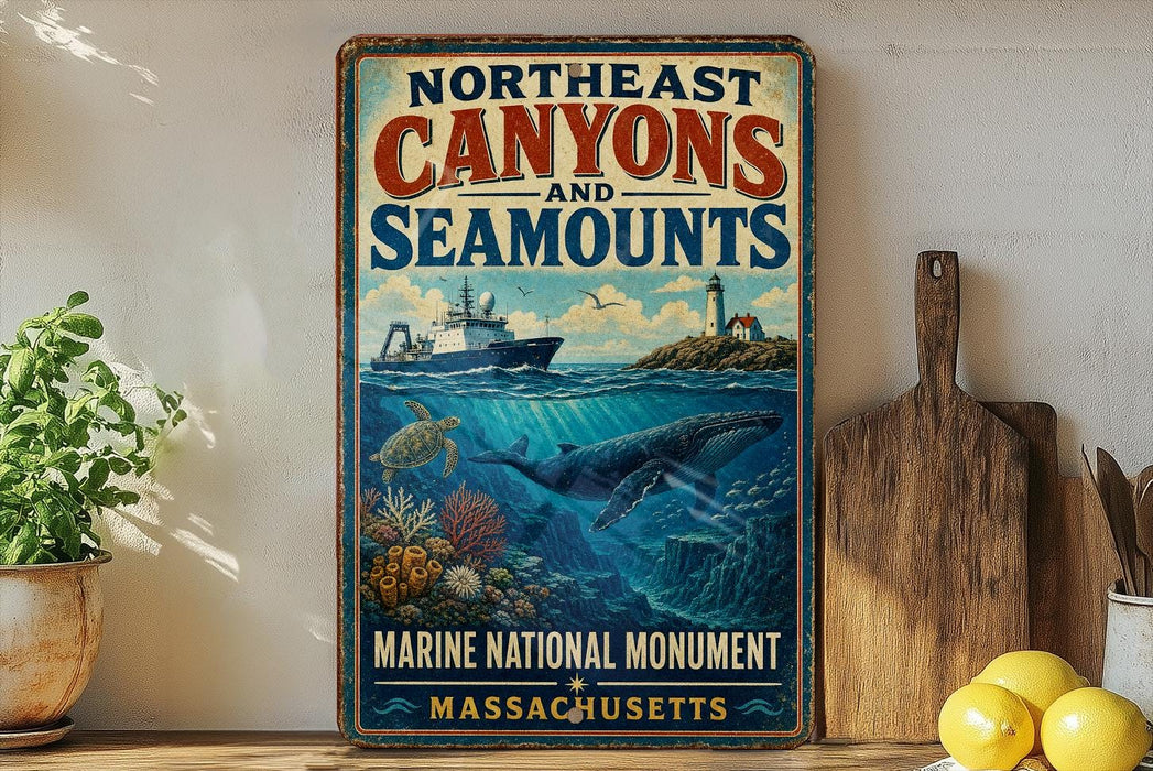 a vintage-style sign for the Northeast Canyon and Seamounts, with a marine theme, surrounded by a potted plant, a wooden cutting board, and some lemons.