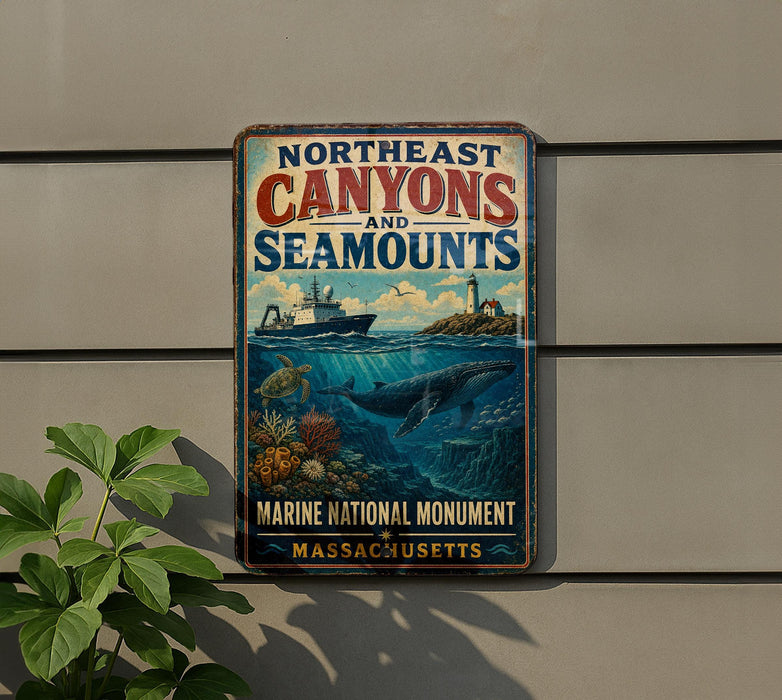 A vintage-style metal sign with the text "NORTHEAST CANYONS AND SEAMOUNTS" and an illustration of a ship sailing on the ocean, with a lighthouse on a rocky island in the background.