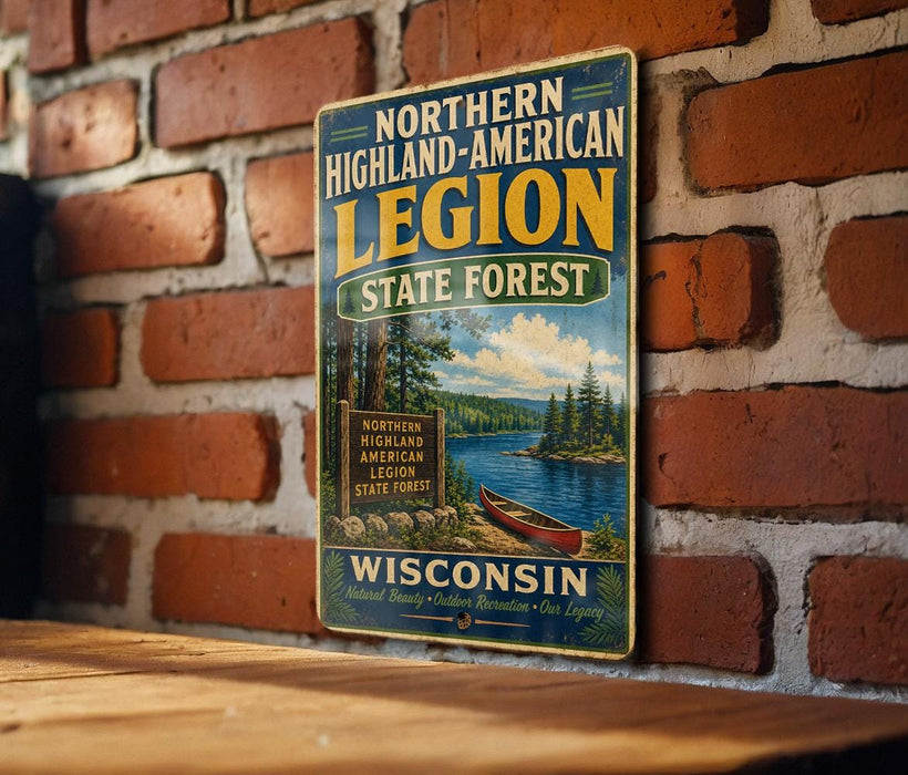 A vintage-style metal sign for the Northern Highland American Legion State Forest in Wisconsin, featuring a scenic illustration of a lake surrounded by pine trees and mountains.