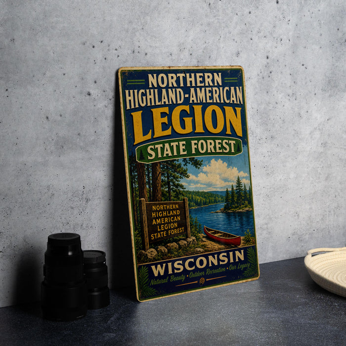 A vintage-style sign for the Northern Highland-American Legion State Forest in Wisconsin, featuring a scenic illustration of a lake, forest, and canoe.