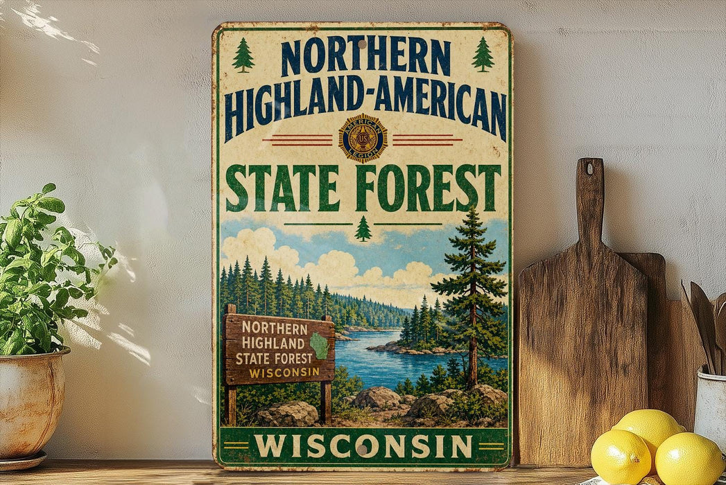 A vintage-style metal sign for the Northern Highland-American State Forest in Wisconsin, featuring a scenic landscape with pine trees, a river, and mountains.