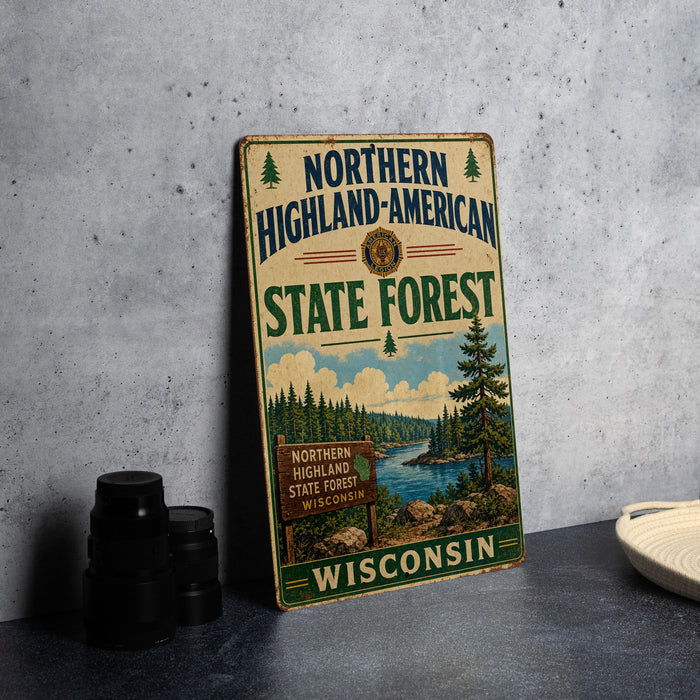 A vintage-style sign for the Northern Highland-American State Forest in Wisconsin, featuring a scenic illustration of a forest and a lake.