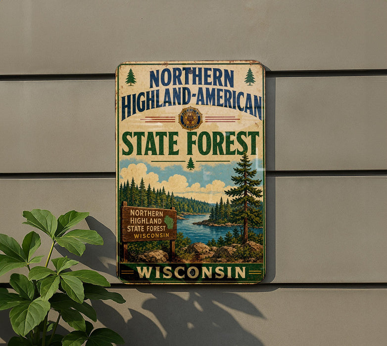 A vintage-style metal sign for the Northern Highland-American State Forest in Wisconsin, featuring a scenic landscape with pine trees, a river, and a sign indicating the location.