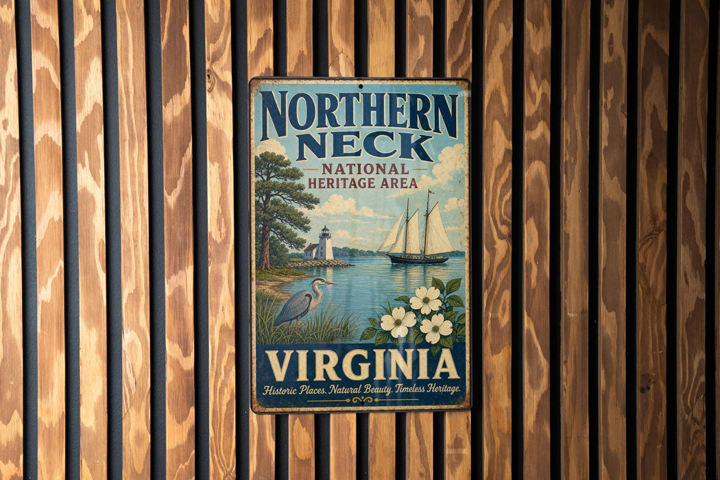 A vintage metal sign for the Northern Neck National Heritage Area in Virginia, featuring a sailboat and a lighthouse, mounted on a wooden wall.
