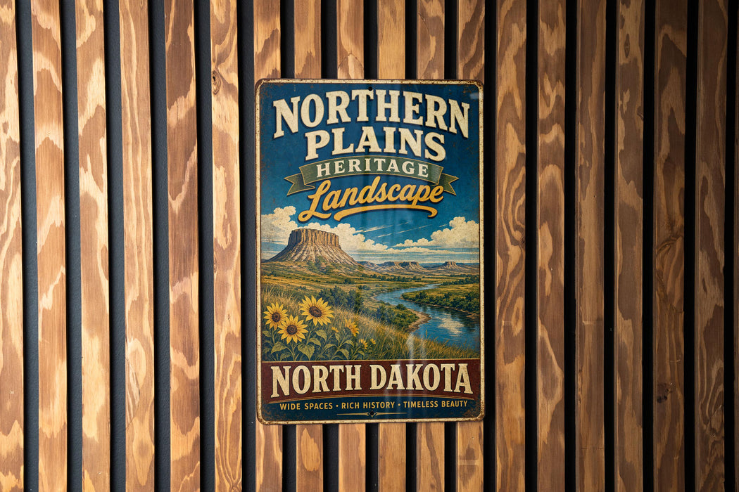 A vintage-style metal sign advertising the Northern Plains Heritage Landscape in North Dakota, featuring a scenic landscape with a mountain and a river.