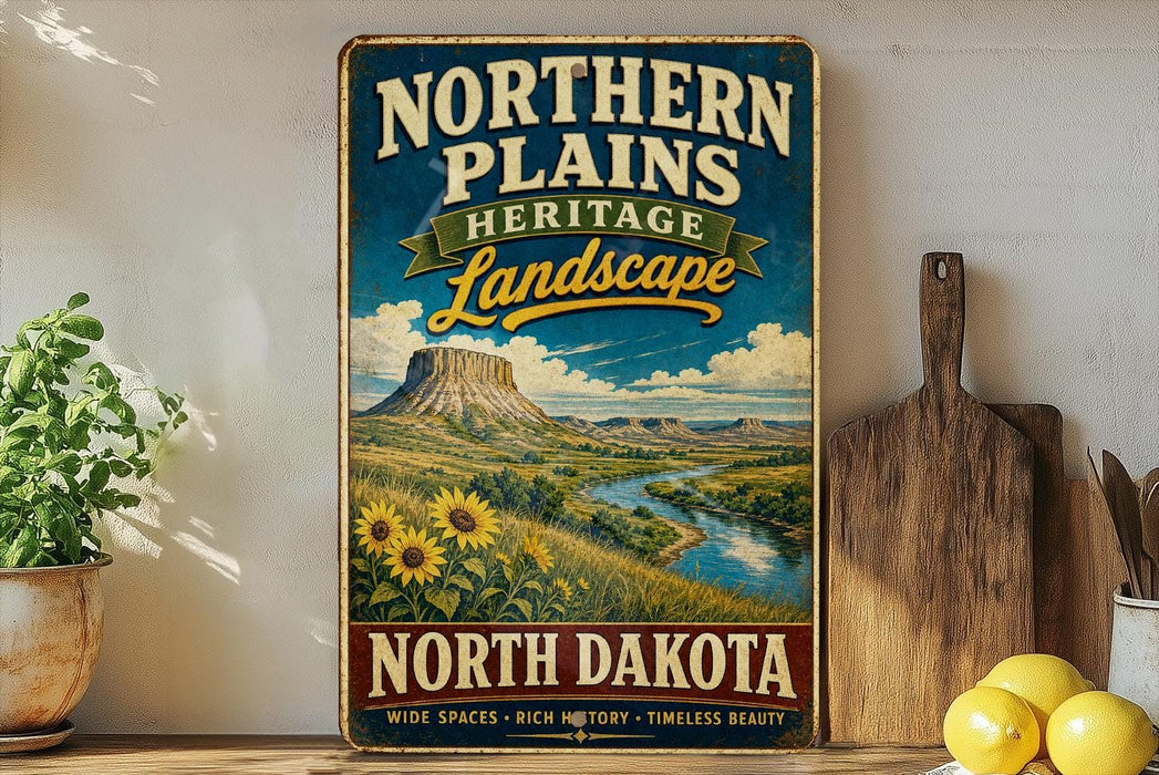 A vintage-style sign advertising the Northern Plains Heritage Landscape in North Dakota, featuring a scenic landscape with a mountain, river, and sunflowers.
