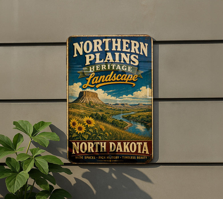 A vintage-style sign advertising the Northern Plains Heritage Landscape in North Dakota, featuring a scenic landscape with a mountain, sunflowers, and a river.