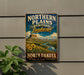 A vintage-style sign advertising the Northern Plains Heritage Landscape in North Dakota, featuring a scenic landscape with a mountain, sunflowers, and a river.