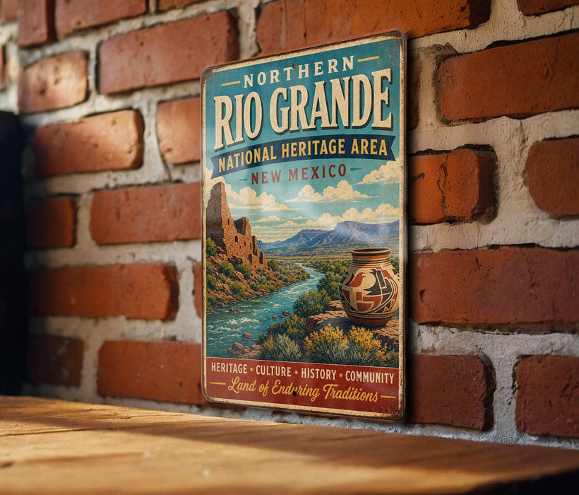 A vintage-style metal sign for the Northern Rio Grande National Heritage Area in New Mexico, featuring a scenic landscape with mountains, a river, and a pottery piece.