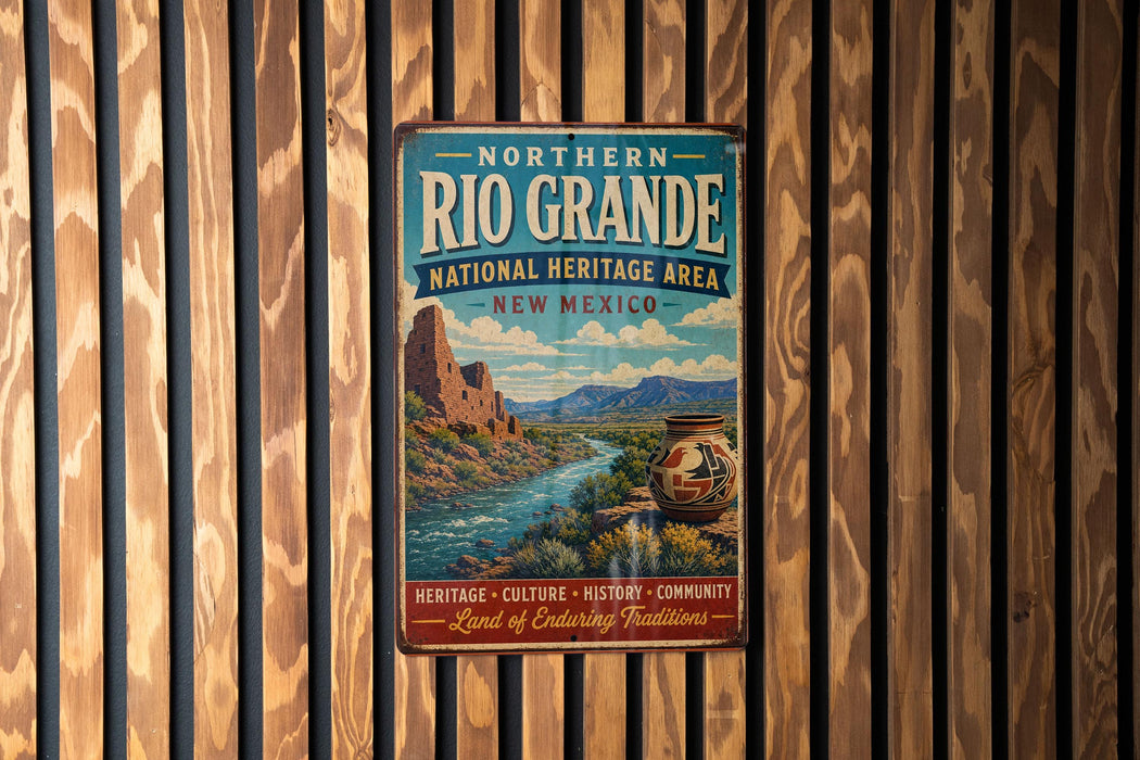 A vintage-style metal sign for the Northern Rio Grande National Heritage Area in New Mexico, featuring a scenic landscape with a river and mountains.