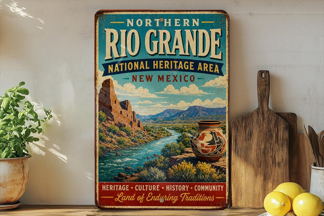 A vintage-style sign for the Northern Rio Grande National Heritage Area in New Mexico, featuring a scenic illustration of the Rio Grande River and mountains.