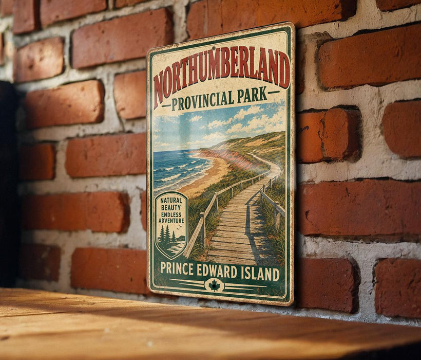 A vintage-style metal sign for Northumberland Provincial Park hangs on a brick wall, featuring a scenic image of a wooden walkway leading to a beach.