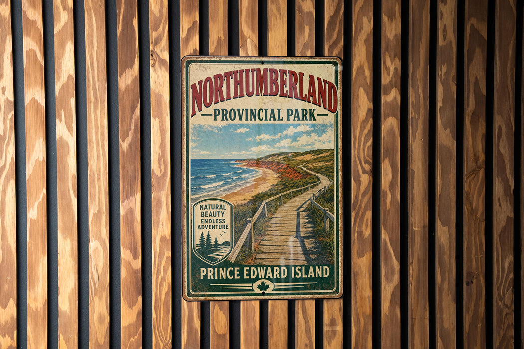A vintage-style metal sign for Northumberland Provincial Park, featuring a scenic coastal path and the text "PRINCE EDWARD ISLAND" and "NATURAL BEAUTY ADVENTURE".