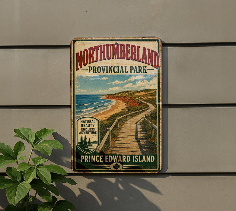 A vintage-style sign for Northumberland Provincial Park, featuring a scenic beach and pathway, mounted on a wall next to a plant.