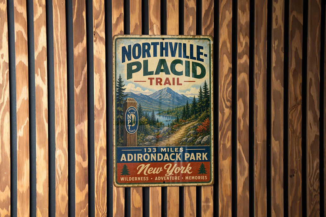 A vintage metal sign for Northville-Placid Trail, featuring a scenic mountain landscape and trail information.