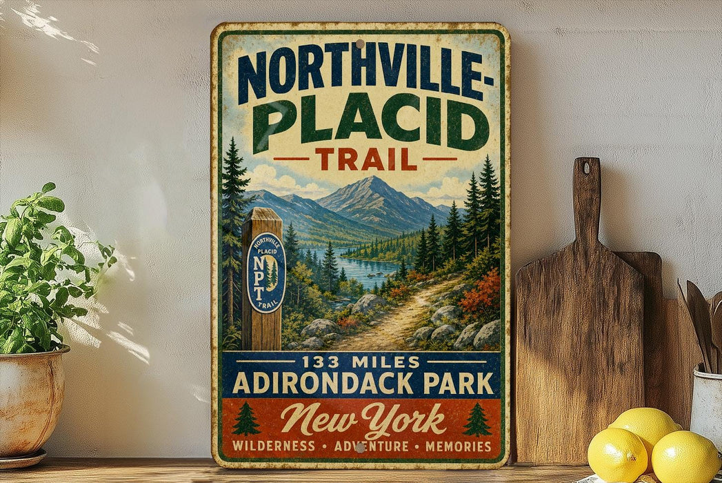 A vintage-style sign for Northville-Placid Trail, featuring a scenic mountain landscape and trail marker, is displayed on a shelf next to a wooden cutting board and some lemons.