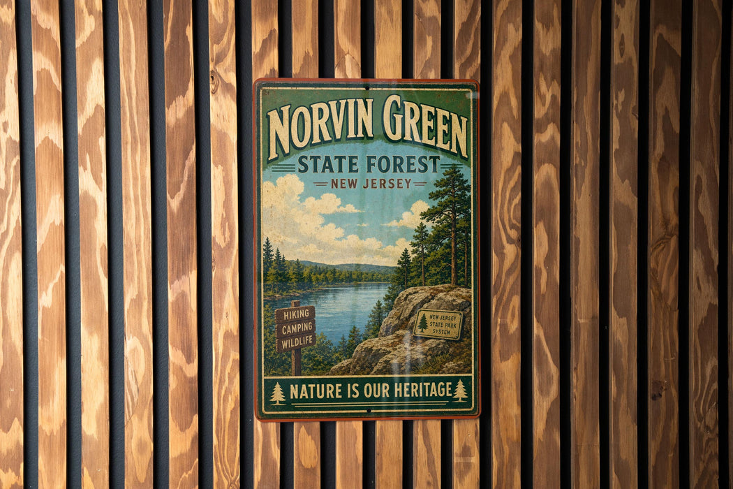 A vintage metal sign for Norvin Green State Forest in New Jersey, featuring a scenic landscape with a lake, mountains, and pine trees.