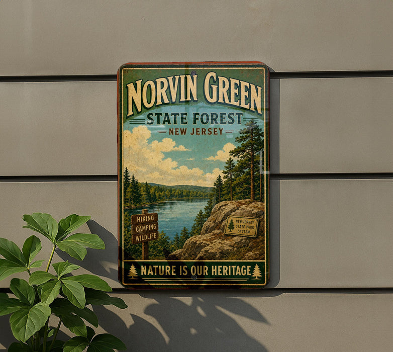 A vintage-style metal sign for Norvin Green State Forest in New Jersey, featuring a scenic landscape with pine trees, a lake, and a sign indicating hiking and camping opportunities.