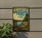 A vintage-style metal sign for Norvin Green State Forest in New Jersey, featuring a scenic landscape with pine trees, a lake, and a sign indicating hiking and camping opportunities.
