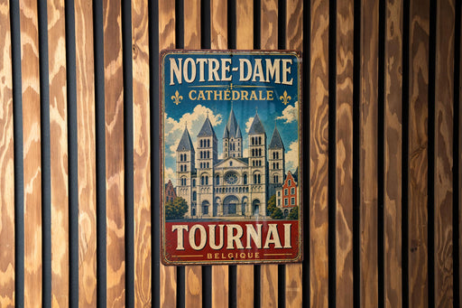 A vintage metal sign with the text "NOTRE-DAME CATEDRALE TOURNAI BELGIQUE" hanging on a wooden wall.