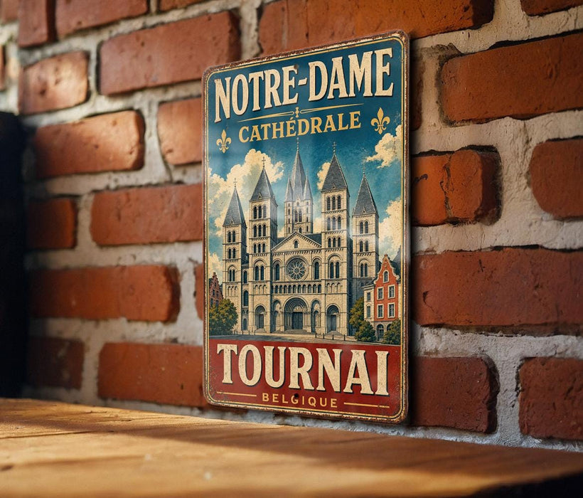 A vintage metal sign with the text "NOTRE-DAME CATEDRALE TOURNAI BELGIQUE" is displayed on a brick wall.