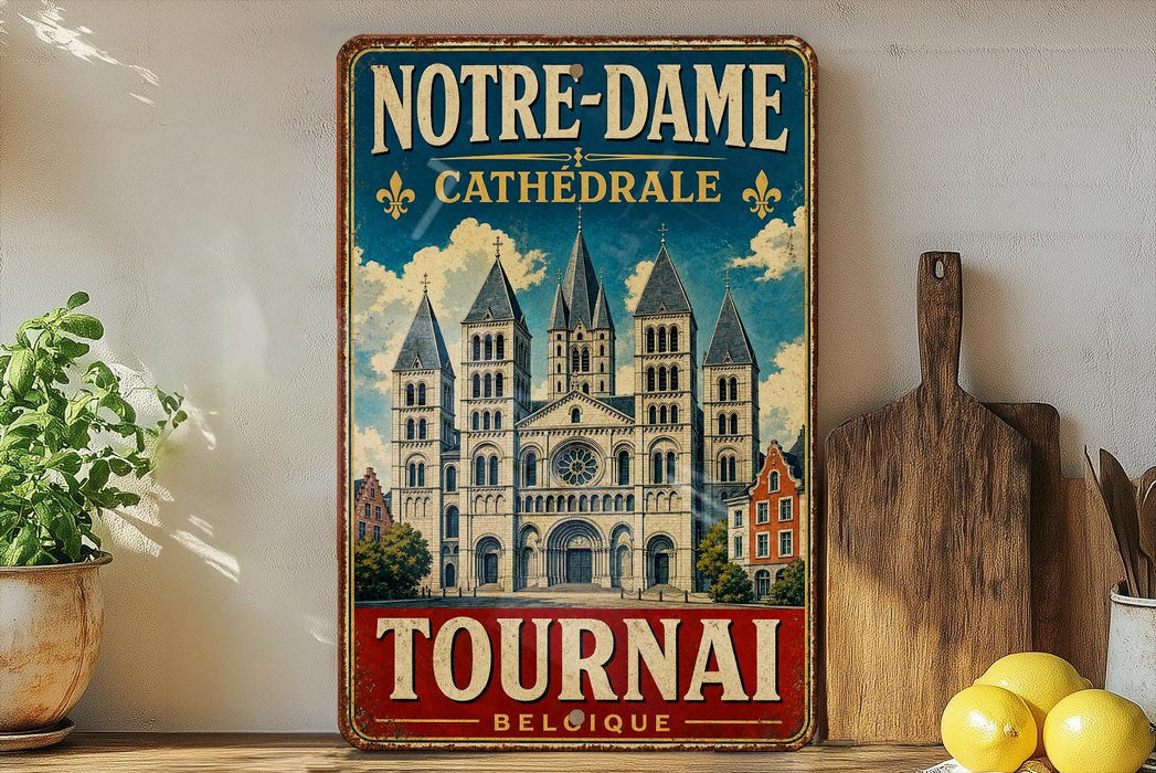 A vintage-style metal sign for Notre-Dame Cathedral in Beloique, Belgium, featuring an illustration of the cathedral and the text "NOTRE-DAME CATEDRALE TOURNAI BELOIQUE".