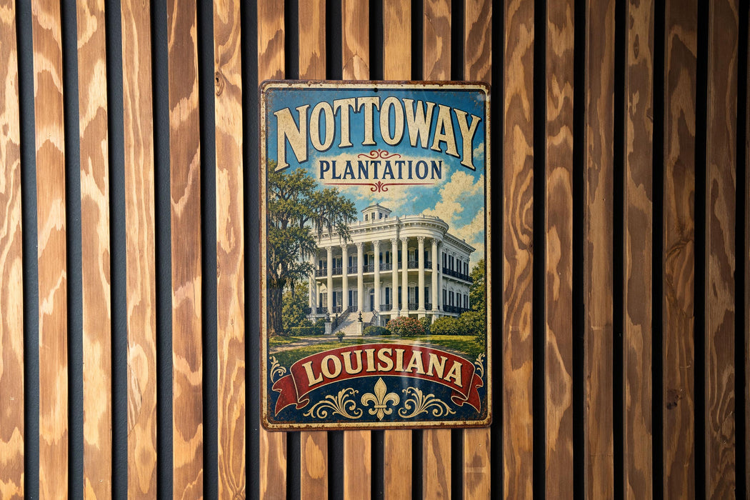 A vintage-style metal sign with the text "NOTTOWAY PLANTATION LOUISIANA" and an illustration of a building, mounted on a wooden wall.