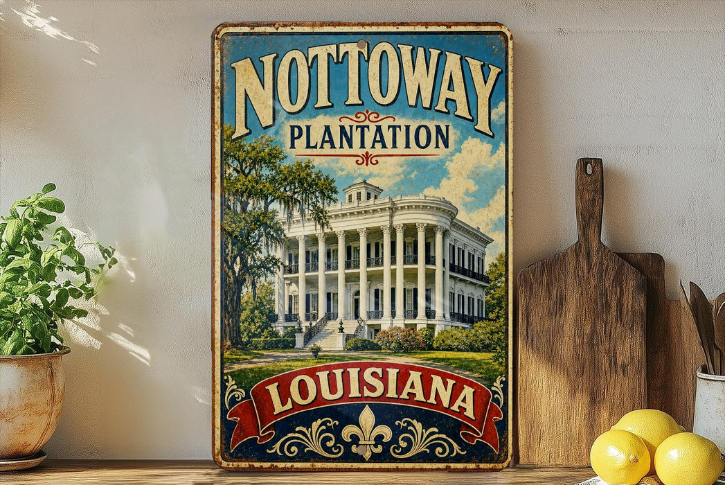 A vintage-style sign for Notoway Plantation in Louisiana, featuring a large illustration of the plantation building surrounded by trees and greenery.