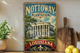 A vintage-style sign for Notoway Plantation in Louisiana, featuring a large illustration of the plantation building surrounded by trees and greenery.