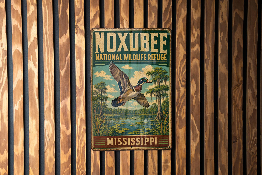 A vintage metal sign for the Noxbee National Wildlife Refuge in Mississippi, featuring a colorful illustration of a bird in flight over a pond surrounded by trees.
