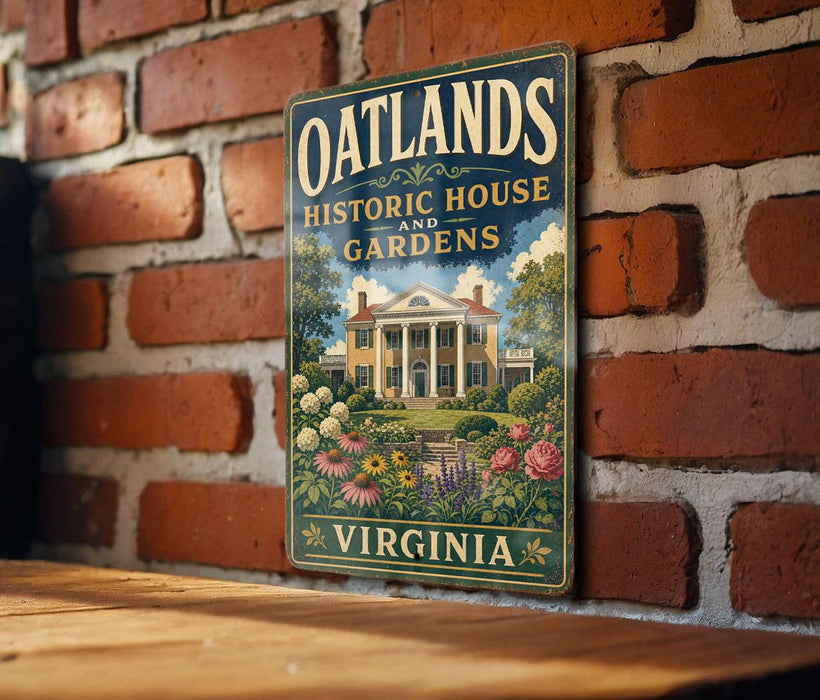 A vintage-style metal sign for the historic house and gardens in Virginia, featuring a brick wall and a garden scene.