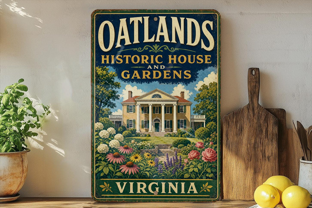 a vintage-style sign for the historic house and gardens in Virginia, with a large illustration of a house surrounded by flowers and greenery.