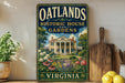 a vintage-style sign for the historic house and gardens in Virginia, with a large illustration of a house surrounded by flowers and greenery.