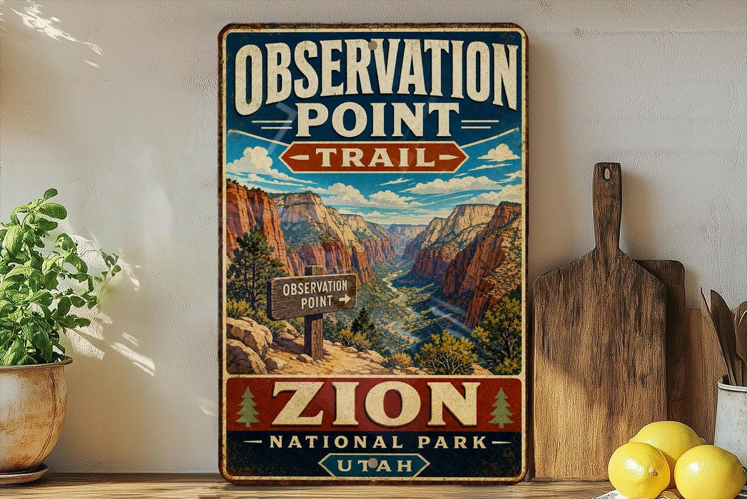 A vintage-style metal sign for Observation Point Trail in Zion National Park, Utah, featuring a scenic mountain landscape.