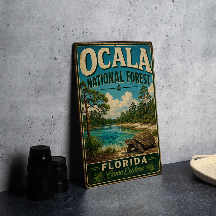 A vintage-style metal sign for the Ocala National Forest in Florida, featuring a scenic landscape with a turtle and a lake.