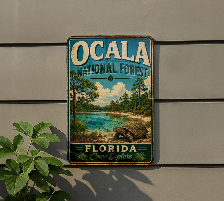 A vintage-style metal sign for the Ocala National Forest, featuring a scenic landscape with a turtle in the foreground.