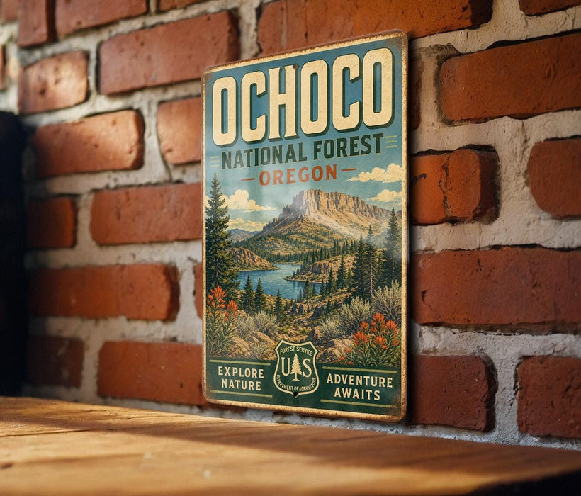 A vintage-style metal sign for Ochoco National Forest in Oregon, featuring a scenic landscape with mountains, trees, and a lake.