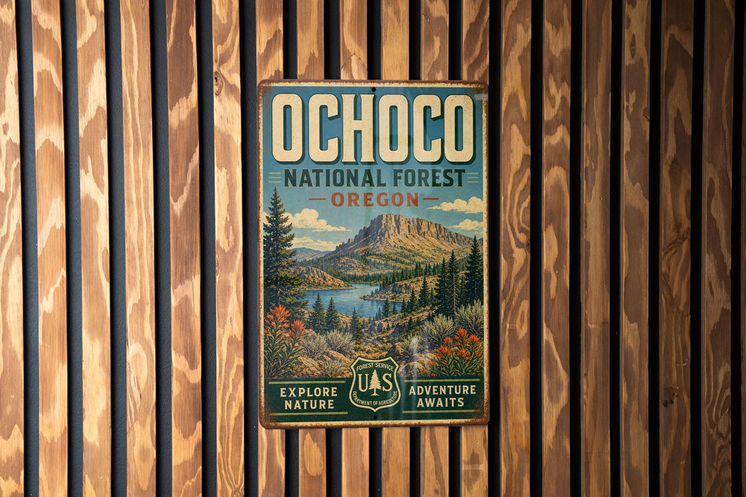 A vintage metal sign for Ochoco National Forest in Oregon, featuring a scenic landscape with mountains, forests, and a river.