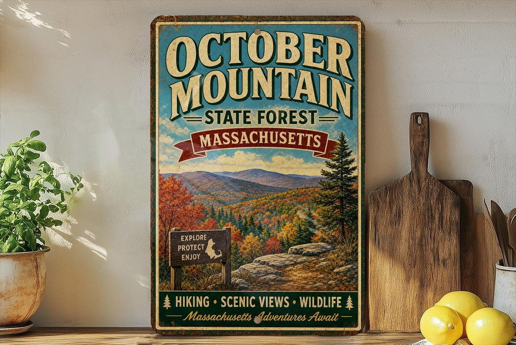 a vintage-style sign for October Mountain State Forest in Massachusetts, with a scenic mountain landscape and a sign inviting visitors to explore the forest.