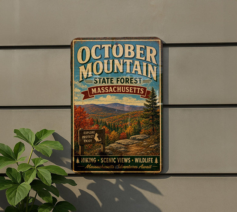 a vintage metal sign for October Mountain State Forest in Massachusetts, with a scenic mountain landscape and a sign indicating a hiking trail.