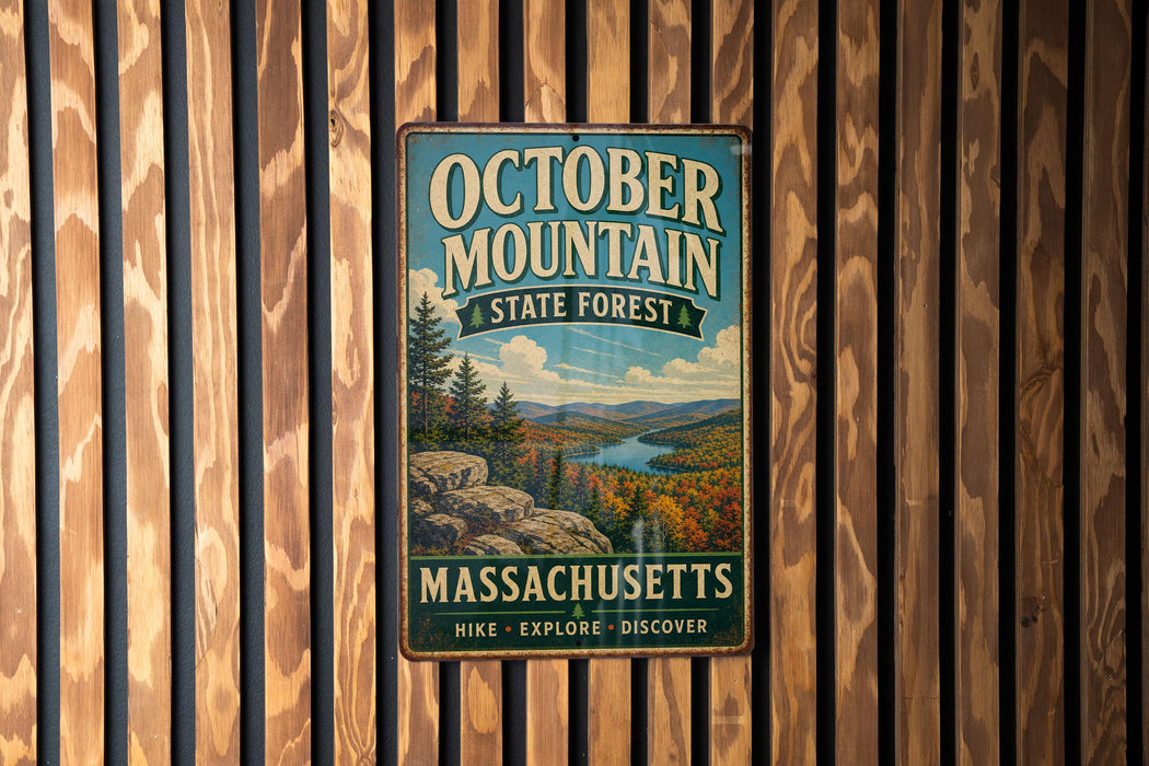 A vintage metal sign for October Mountain State Forest in Massachusetts, featuring a scenic landscape with mountains, forests, and a river.