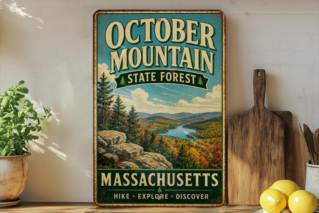A vintage-style metal sign for October Mountain State Forest in Massachusetts, featuring a scenic landscape with mountains, forests, and a river.