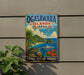 A vintage-style sign for the Ogasawa Islands in Japan, featuring a tropical beach scene with palm trees, a boat, and a turtle.