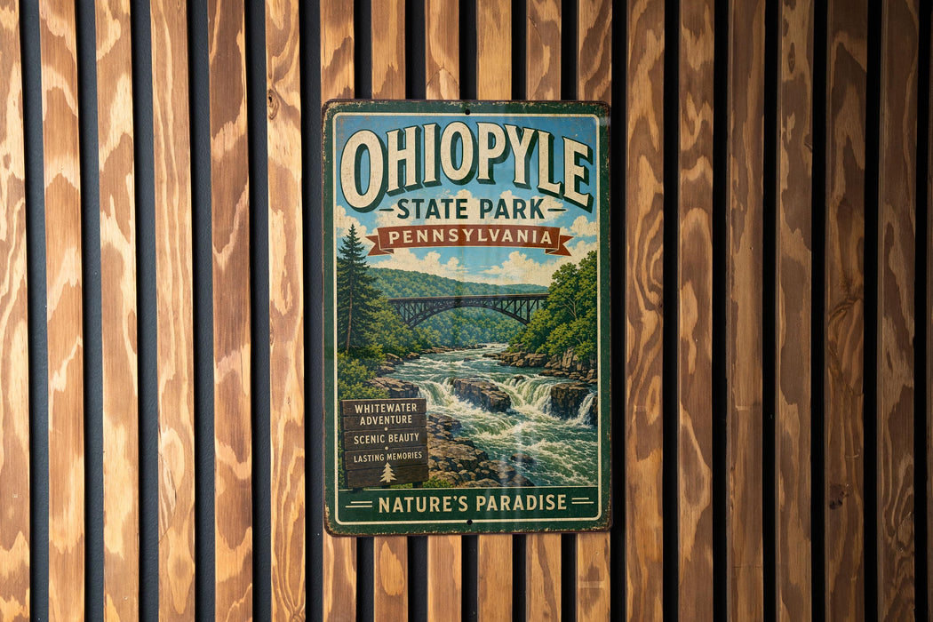 A vintage-style metal sign for Ohio State Park in Pennsylvania, featuring a scenic image of a waterfall and forest.