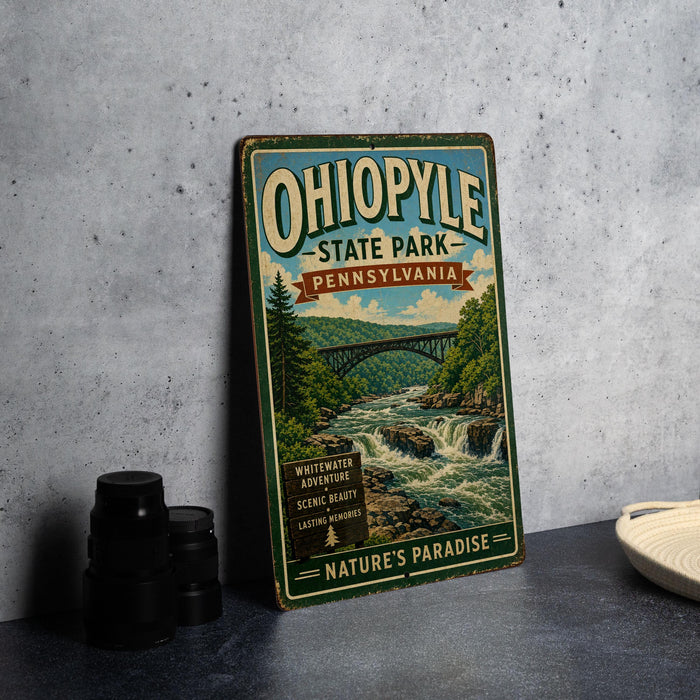A vintage-style sign for Ohio State Park, Pennsylvania, featuring a scenic illustration of a waterfall and forest.