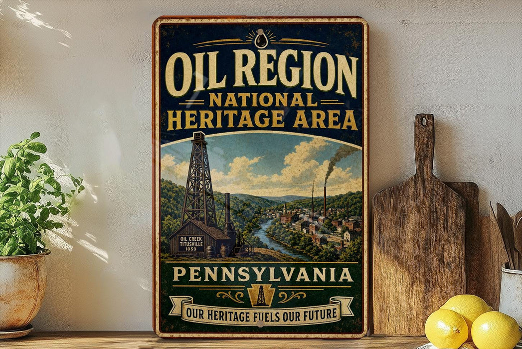 A vintage-style sign for the Pennsylvania Oil Region National Heritage Area, featuring an illustration of a coal mine and a river, with the text "Pennsylvania" and "Our Heritage Fuels Our Future" at the bottom.
